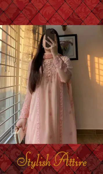 Pakistani boutique Femenite Luxury Chiffon Stitched 3Pcs _ Peachy Pink 